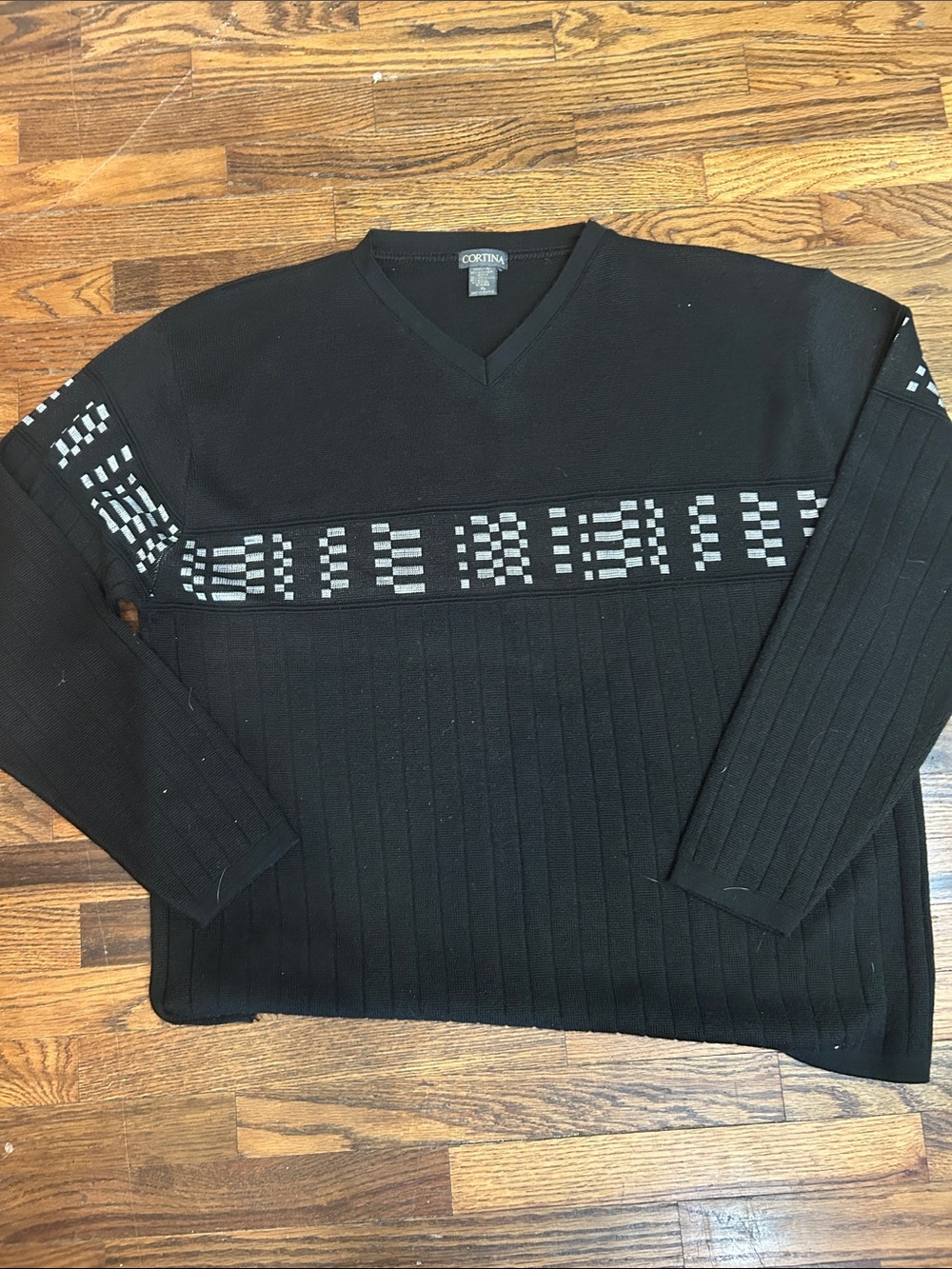 Men's Black V-Neck Sweater with Subtle Geometric Band
